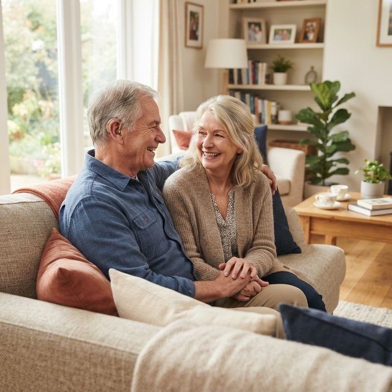 Smiling older couple at home in Calgary, the husband wearing a discreet behind-the-ear hearing aid, laughing together on the sofa