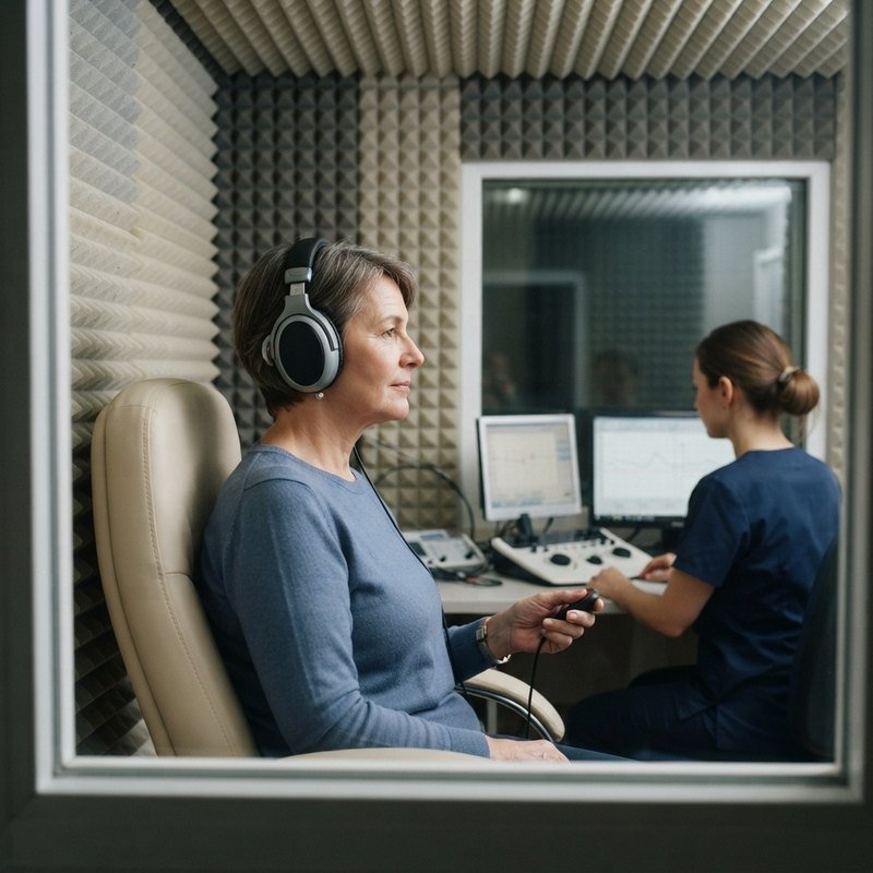 Patient wearing headphones inside a soundproof hearing test booth