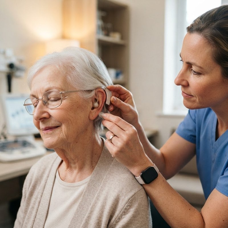 Audiologist fitting a hearing aid on a patient in a Calgary clinic