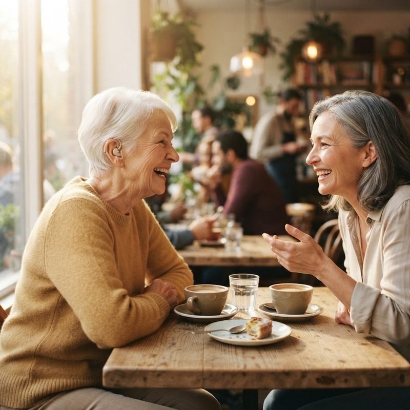 Two older women laughing over coffee, one wearing a visible hearing aid