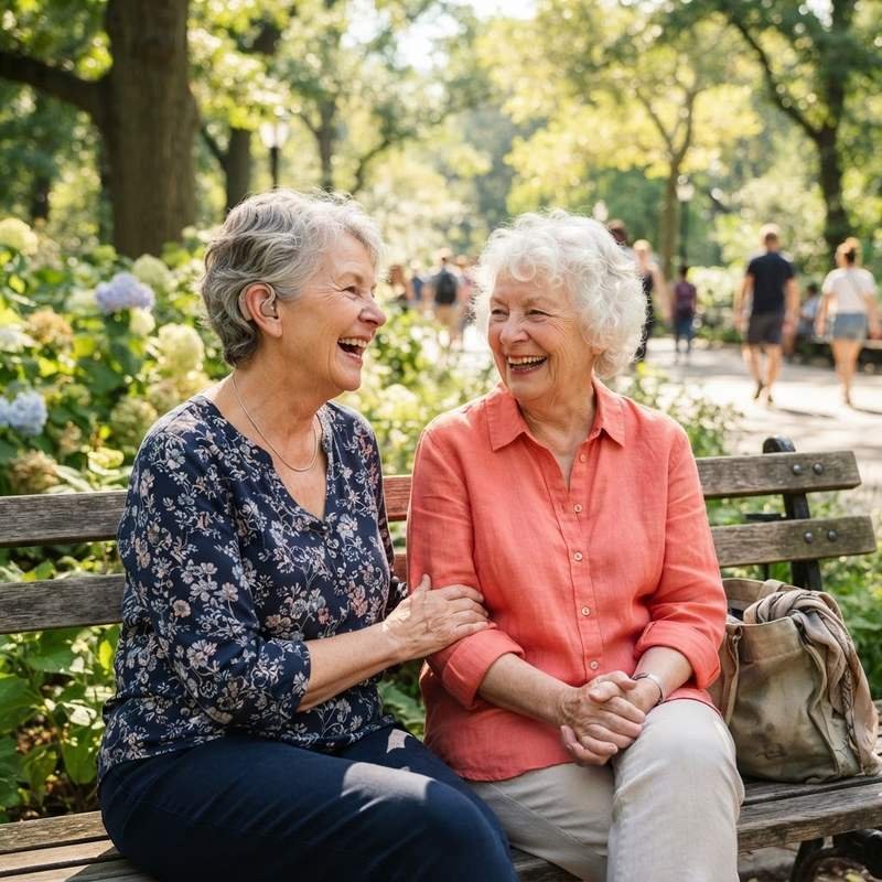 Two older friends laughing together on a park bench