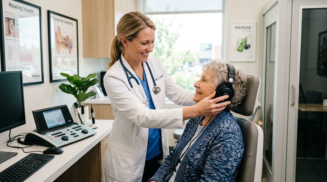 Audiologist consulting with a patient in a Calgary clinic